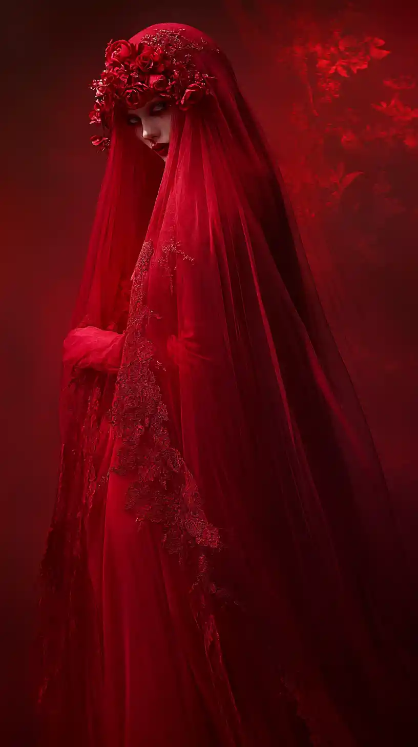 Veiled woman in red gown in candlelit dark room