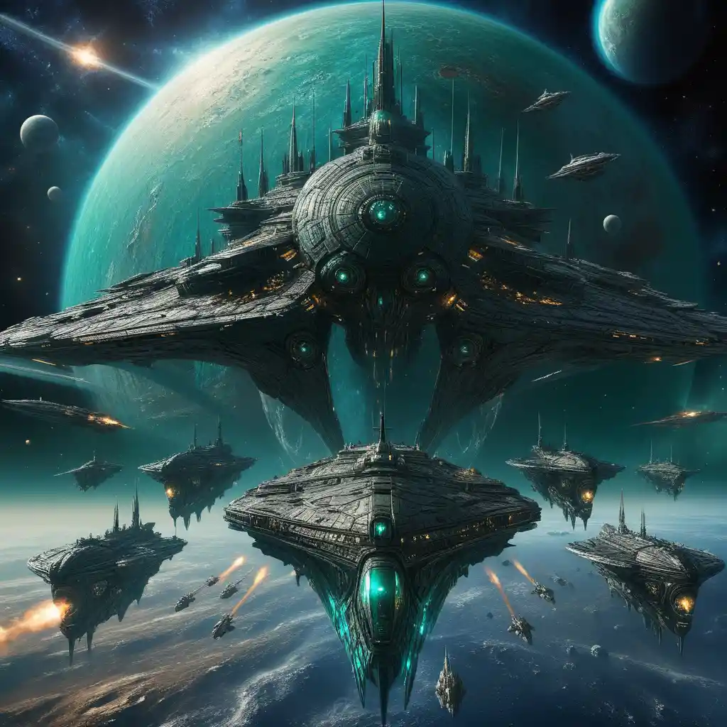 Alien battle cruiser leads a fleet toward the viewer