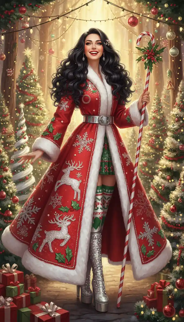 Donna gioiosa in cappotto di Natale couture con bastone di zucchero