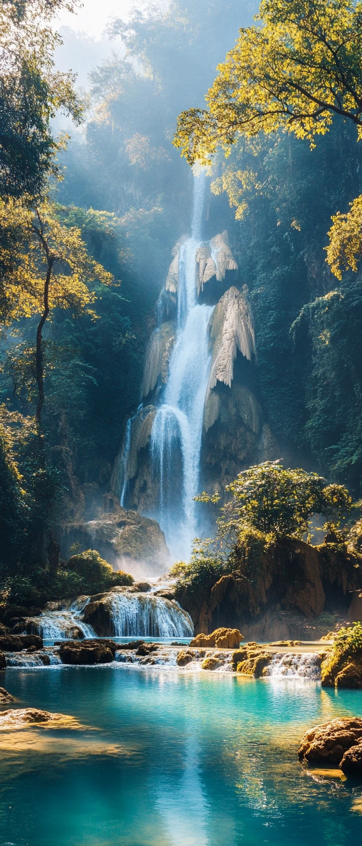 Cascata Turchese nella Giungla al Caldo Sole Dorato