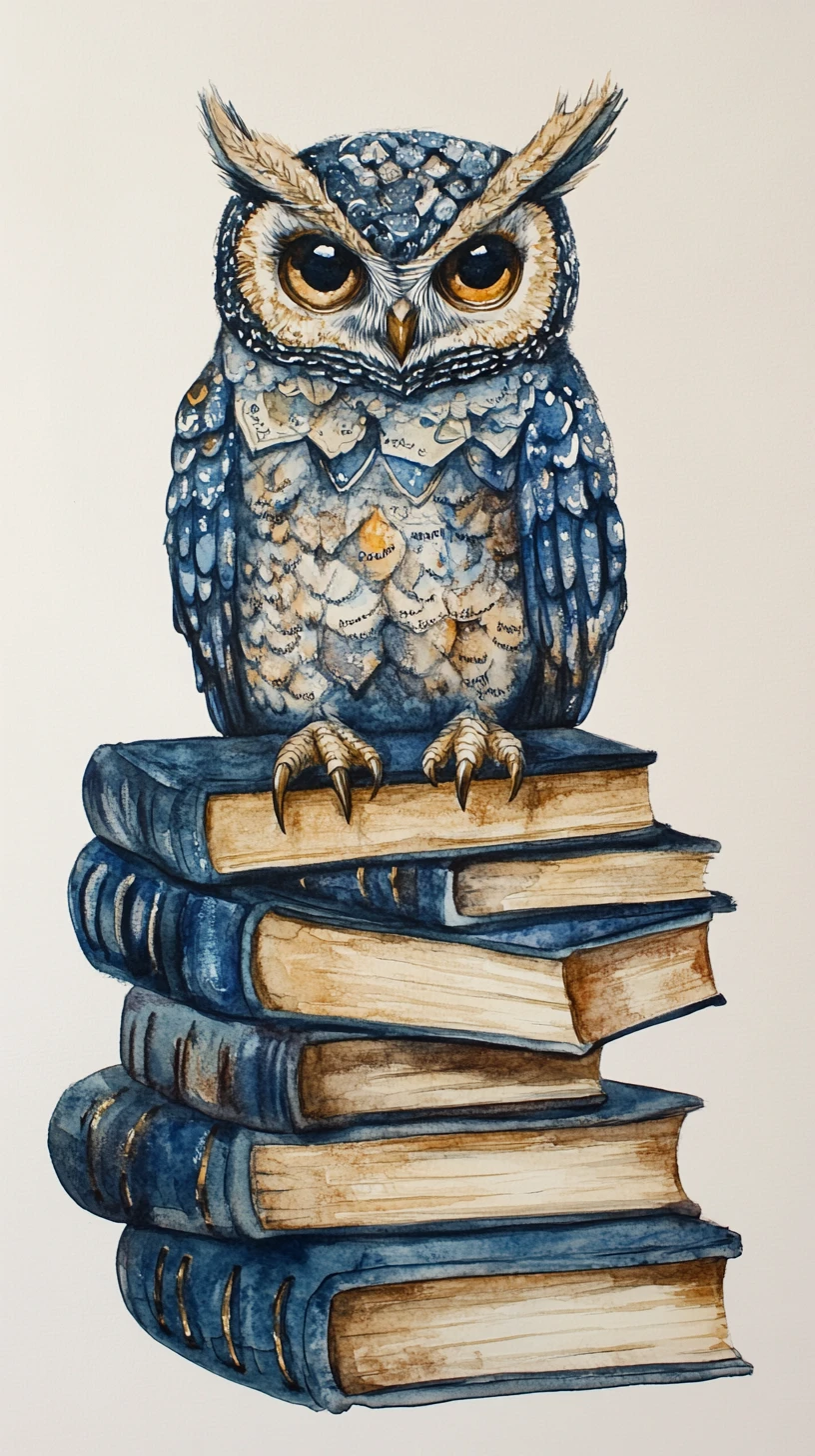 Coruja em aquarela onírica ao lado de uma alta pilha de livros