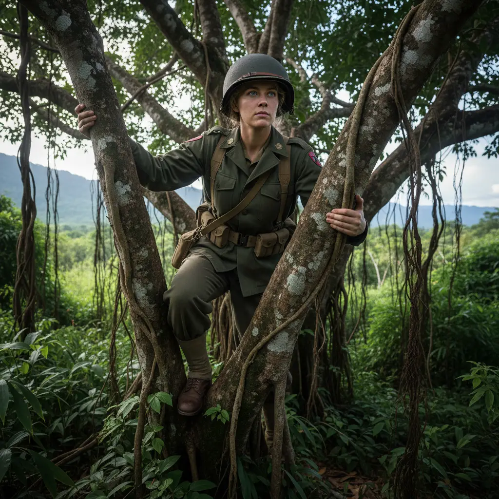 Blonde American woman soldier climbing a tree in jungle