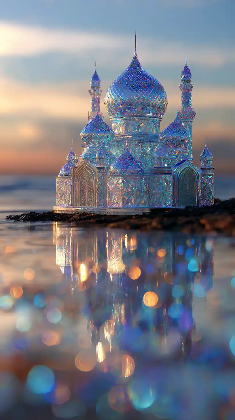 Mezquita de cristal brillando al atardecer en una costa tranquila