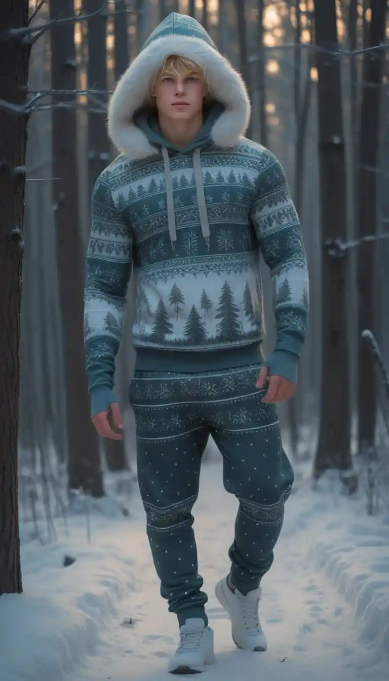 Blond teenage boy walking in a snowy winter forest