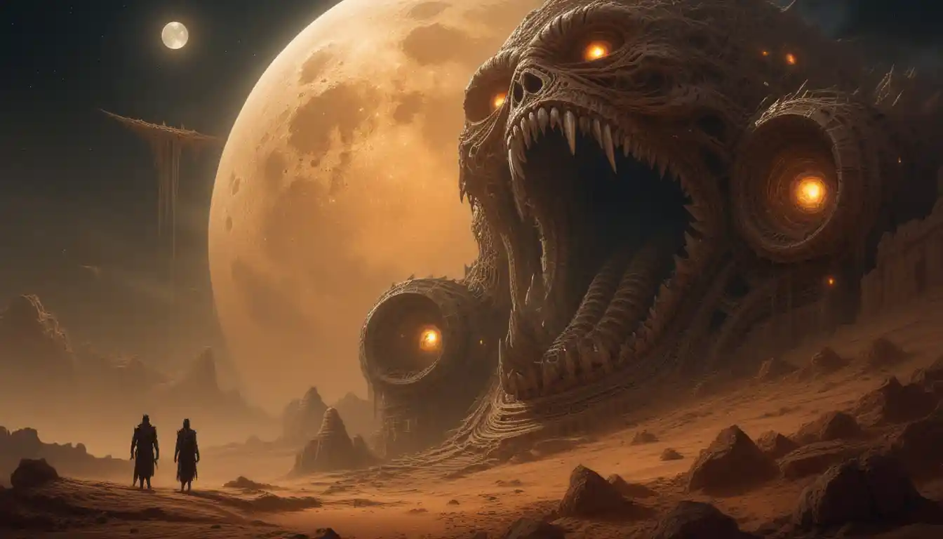 Colossal demon temple with engines in a moonlit desert