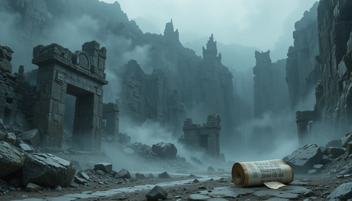 Anciennes ruines de pierre au-dessus d’un abîme fantastique silencieux