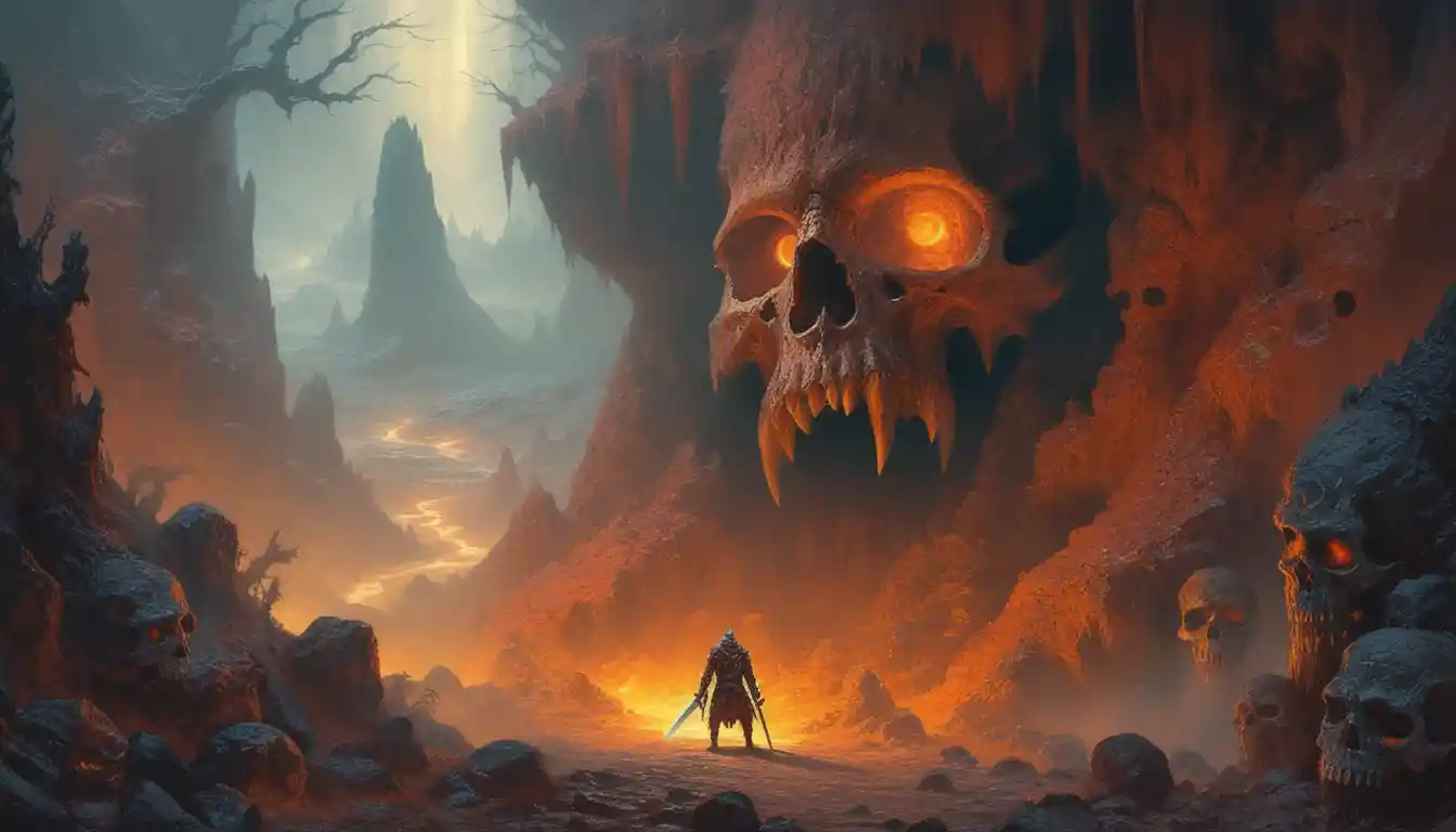 Fantasy warrior before a colossal skull cave entrance