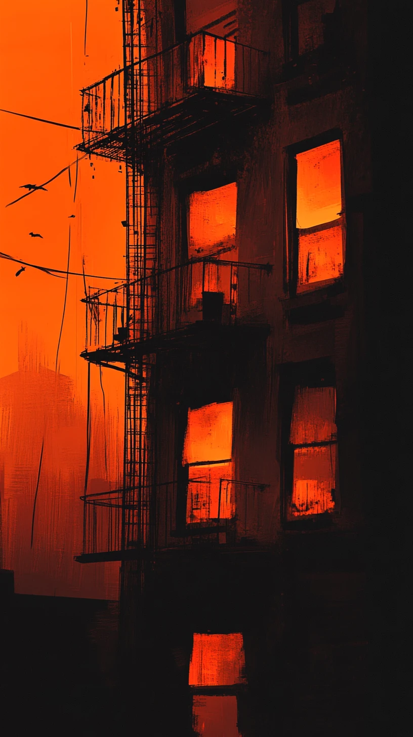 Apartment facade in orange fog with glowing red windows