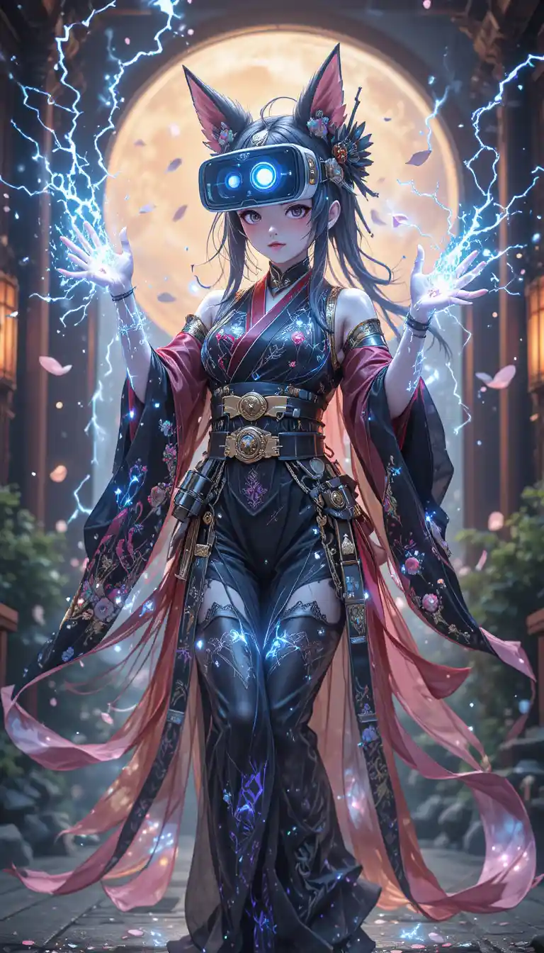 Cyber shrine priestess unleashing electricity in dance pose