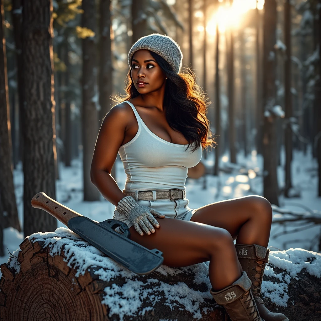 Powerful Black lumberjack woman in a snowy sunlit forest
