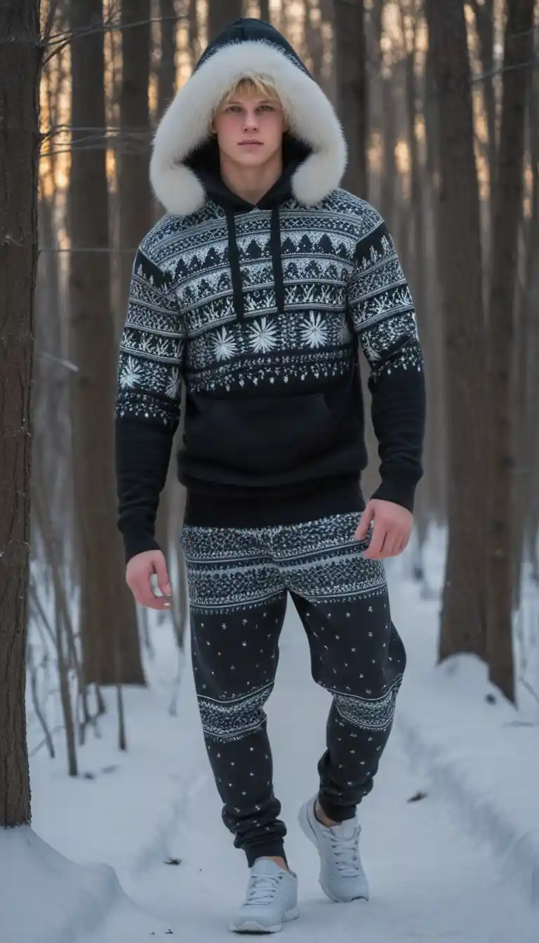 Teen boy in fleece leggings walking through winter forest