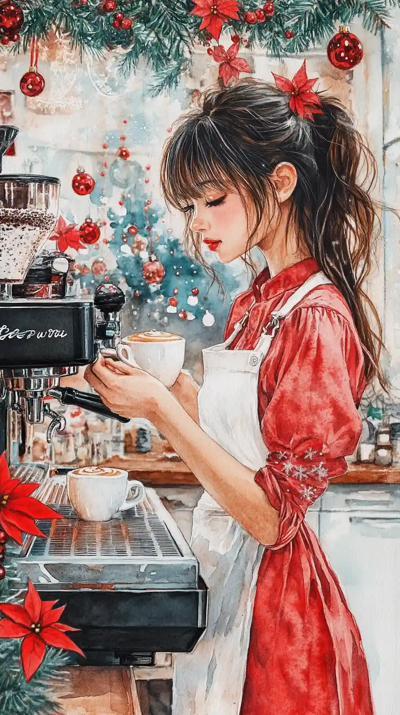 Watercolor girl barista making cappuccino in festive cafe