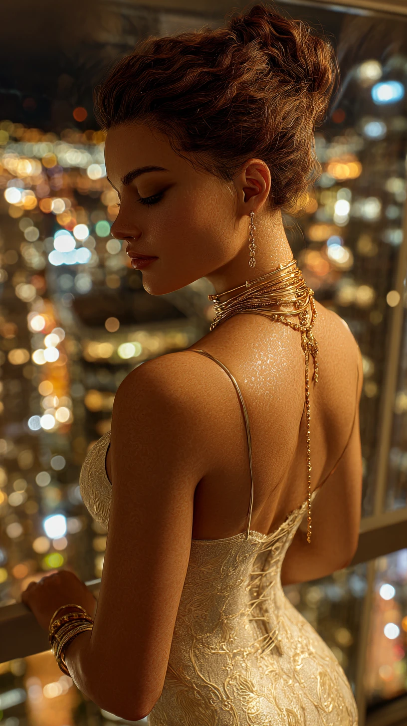 Elegant woman on a San Francisco rooftop bar at night