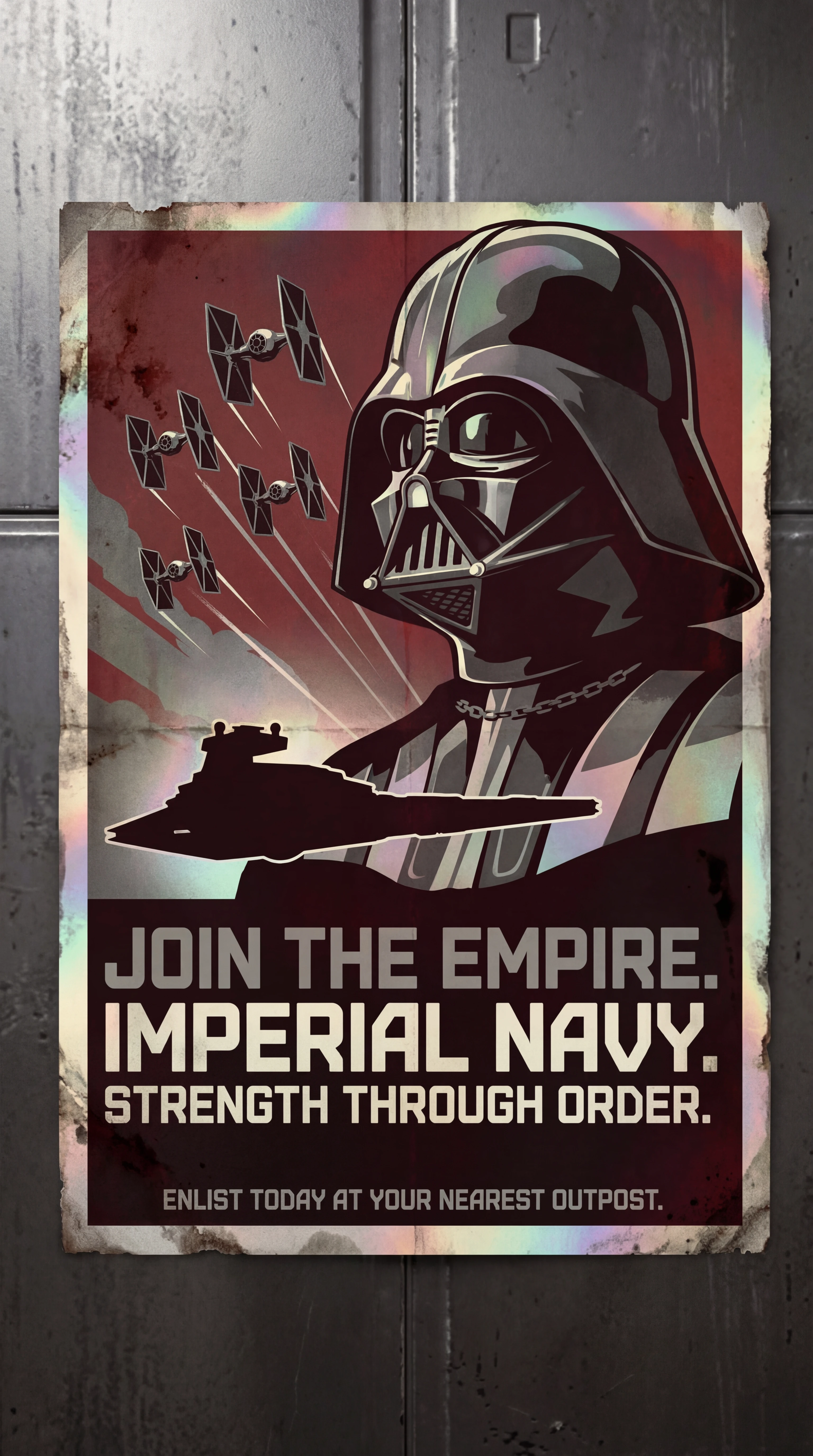 Imperial navy spaceship recruitment poster in red tones