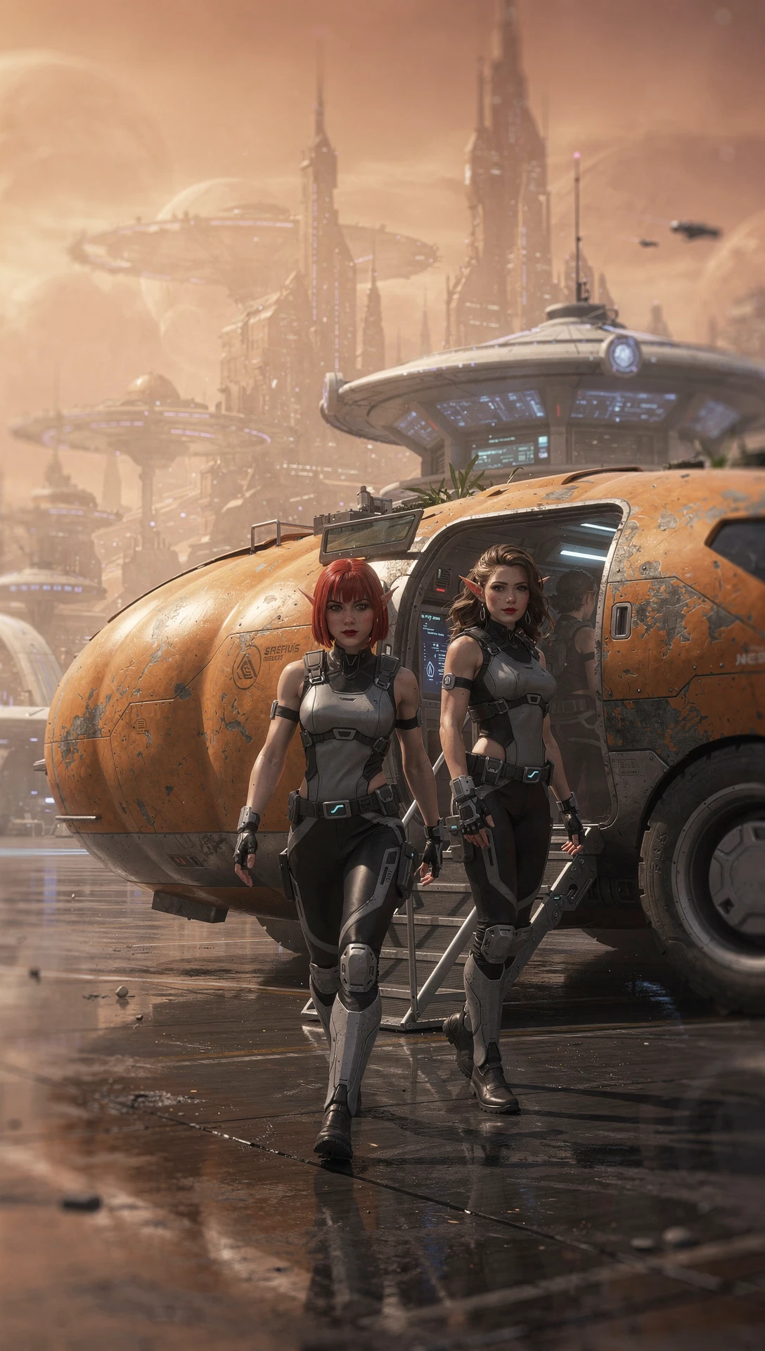 Elf space explorers exit a massive sci fi hover carrier