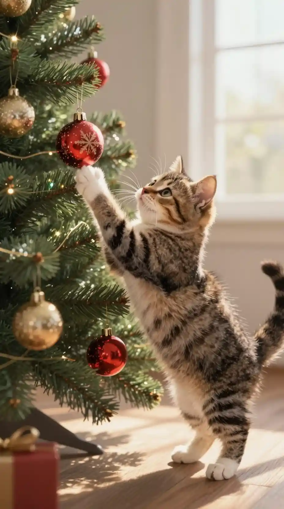 Chaton tigré jouant avec une boule dans le sapin de Noël