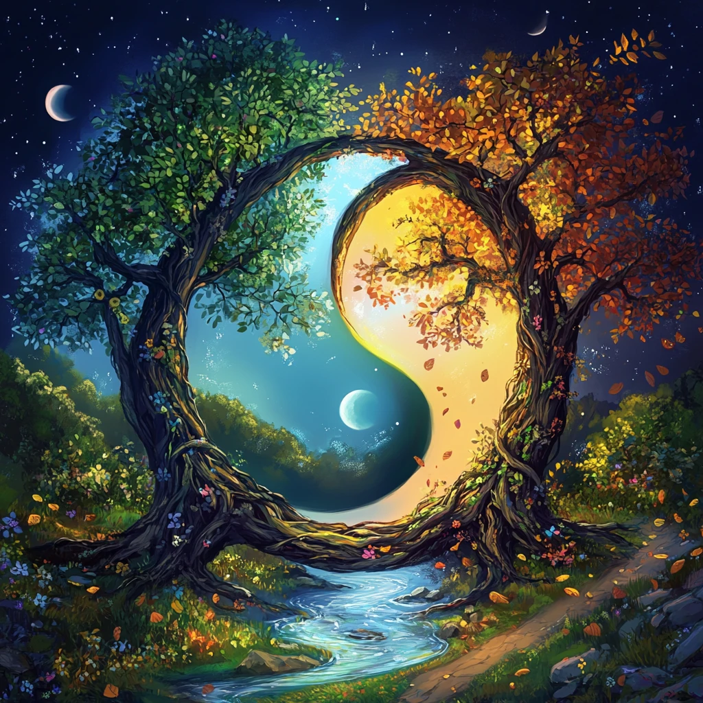 Yin yang trees in a mystical fantasy forest landscape