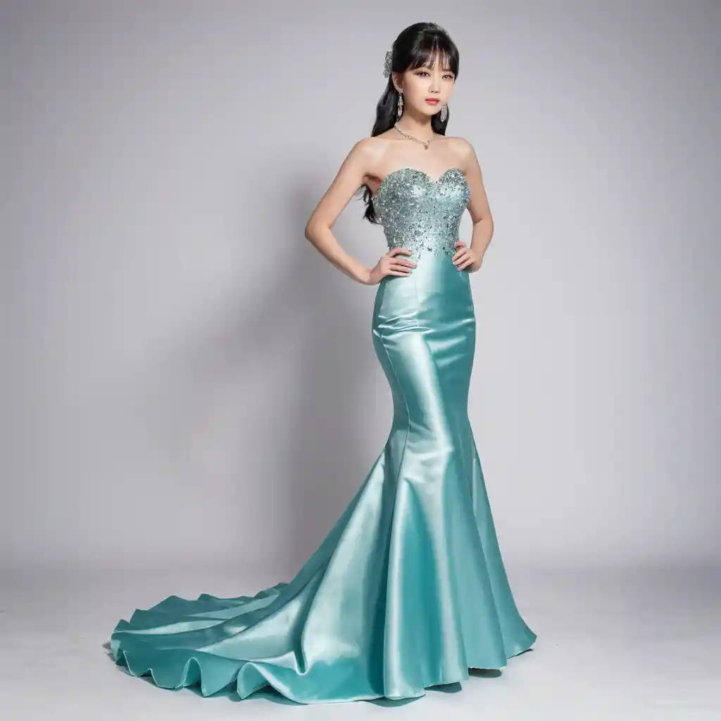Elegant Japanese woman in glossy satin mermaid bridal gown