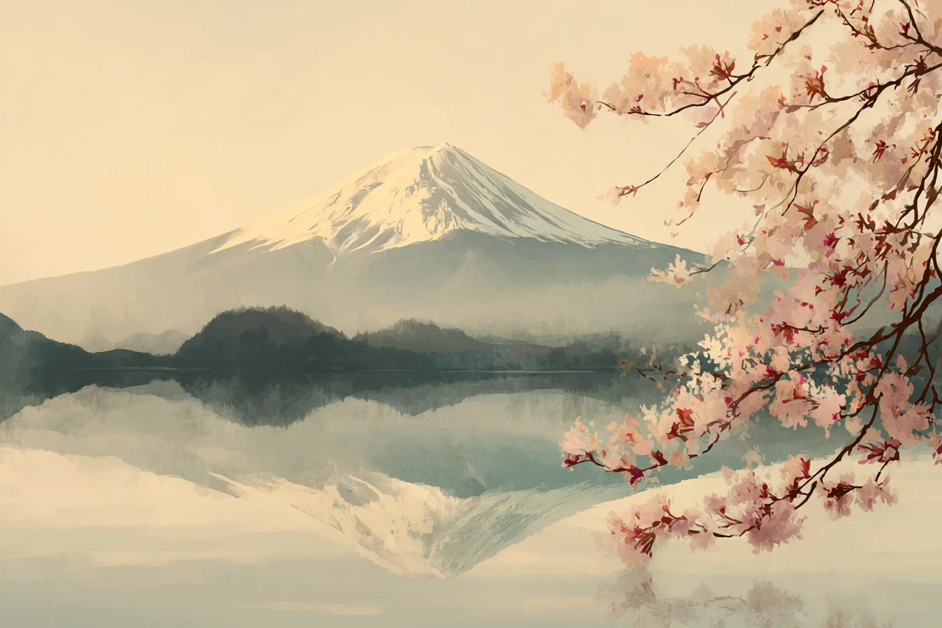 Mount Fuji with cherry blossoms reflected in a calm lake