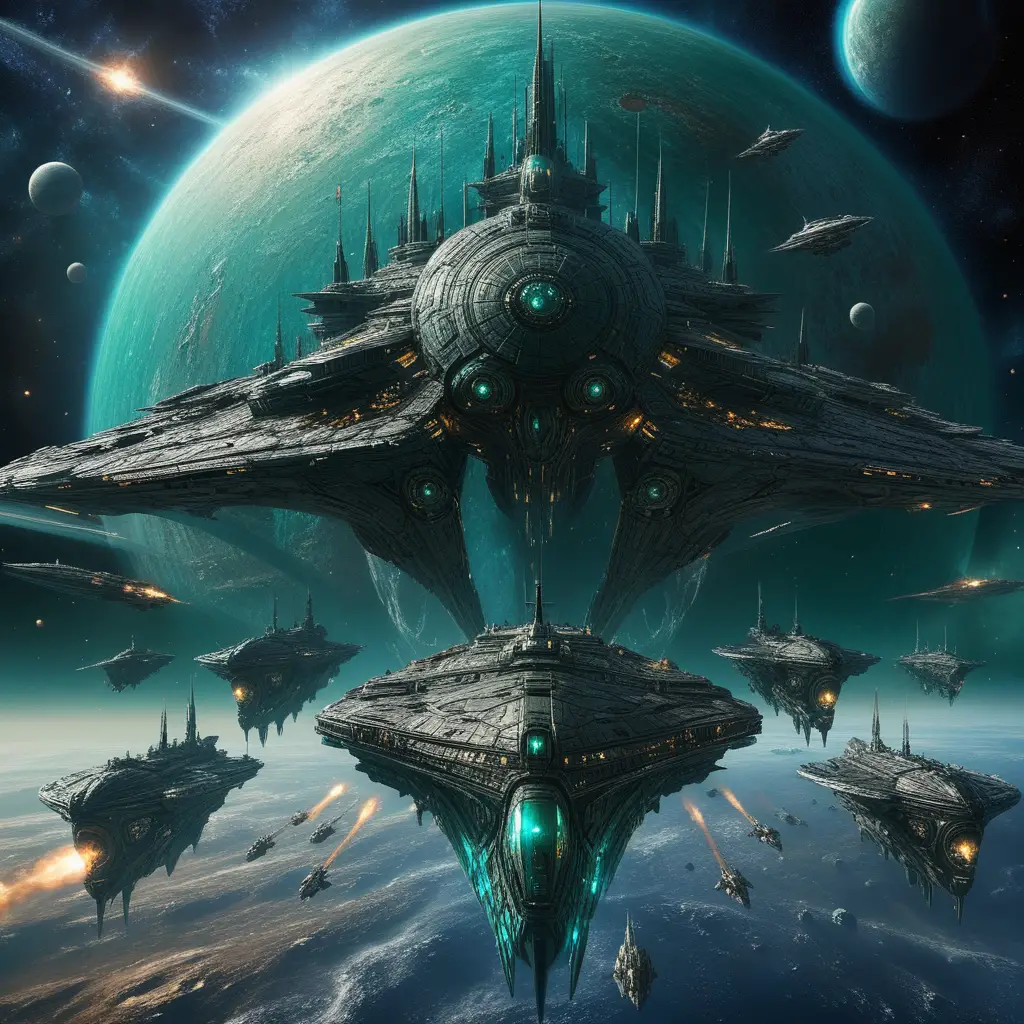 Alien battle cruiser leads a fleet toward the viewer
