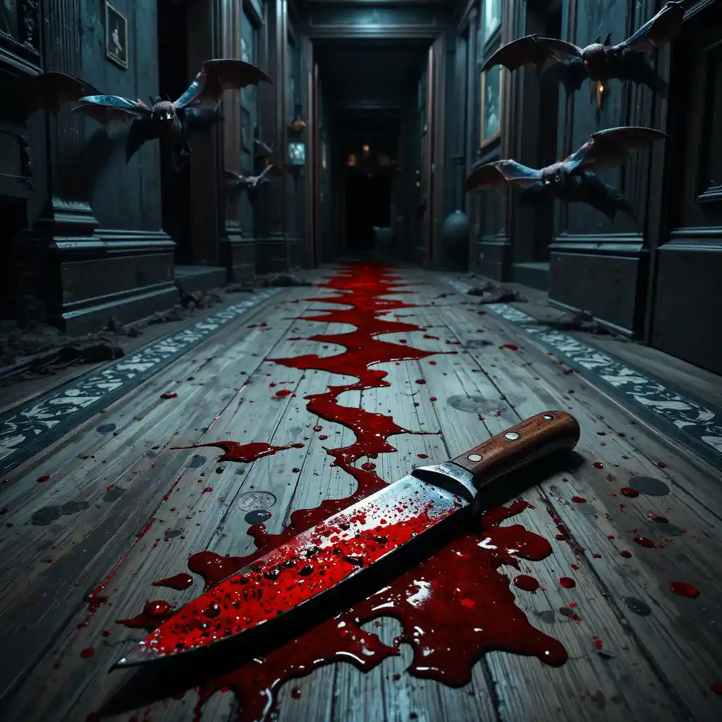 Bloodied knife on the floor of a haunted house