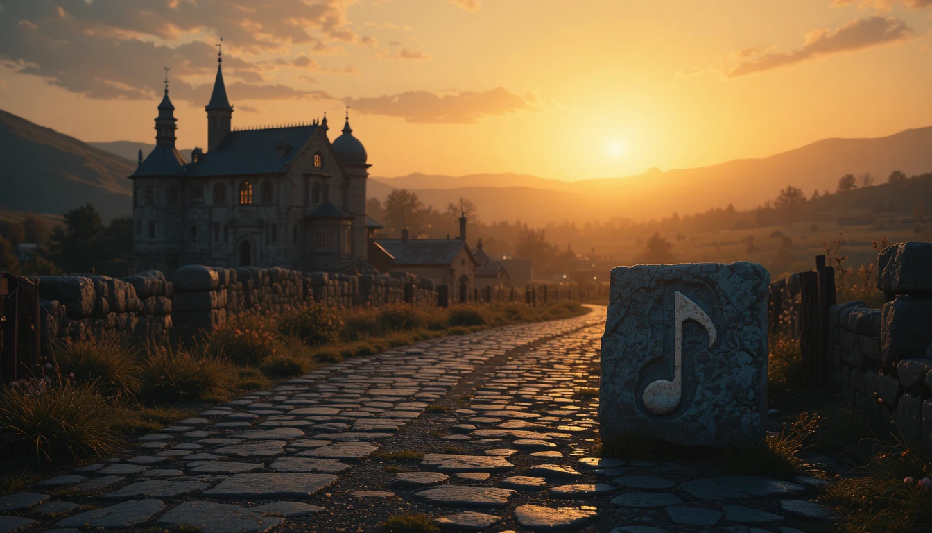 Strada medievale vuota al tramonto con nota musicale di pietra luminosa