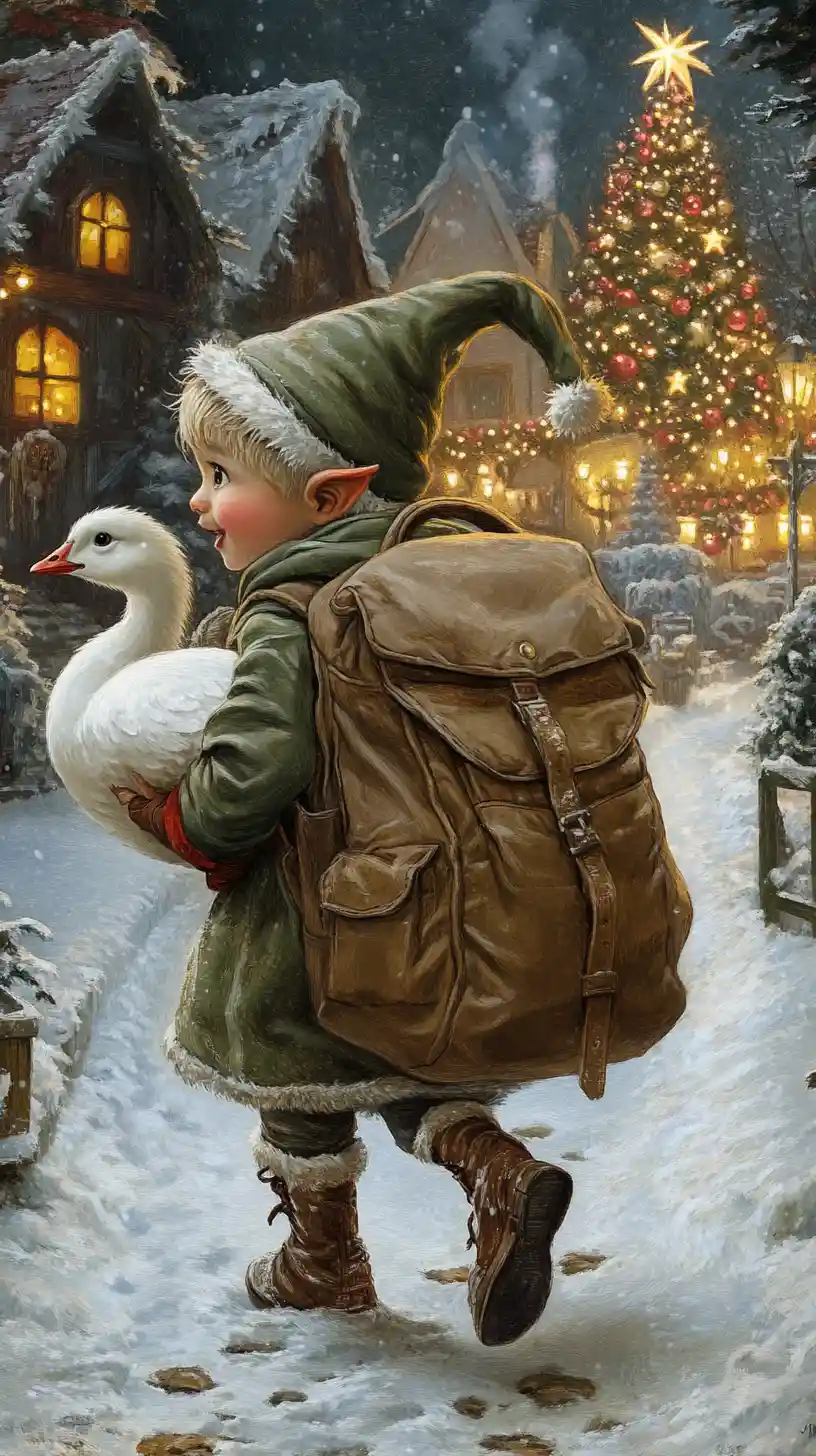 Adorable lutin de Noël se faufilant avec un sac à dos dans une ferme enneigée
