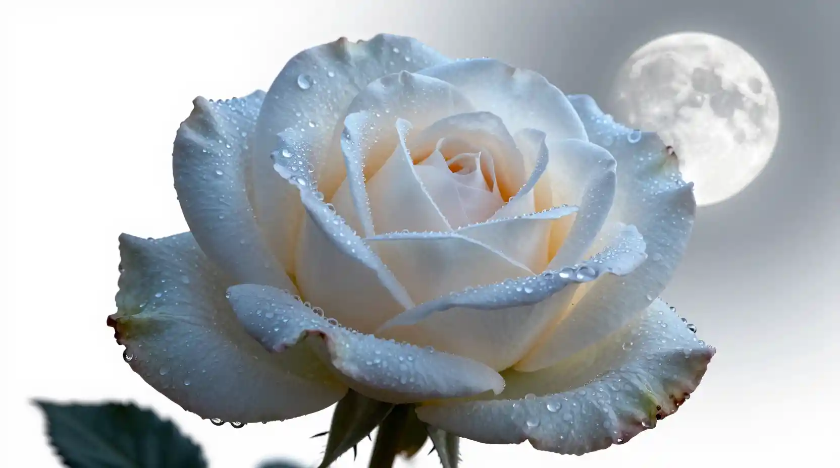 Rose au clair de lune avec rosée du matin dans un espace blanc éthéré