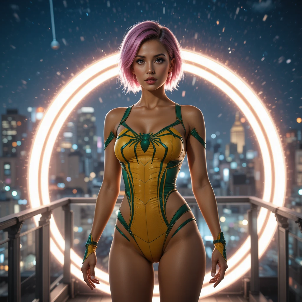 Mujer superheroína de cabello rosa y actitud segura en una azotea de la ciudad