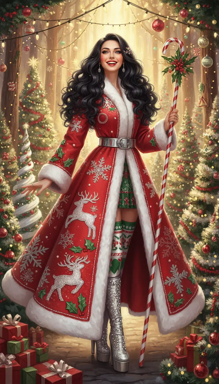 Joyful woman in couture Christmas coat with candy cane staff