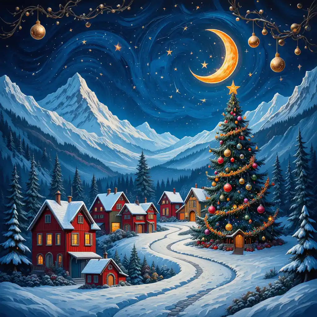 Magical winter village with central Christmas tree and moon