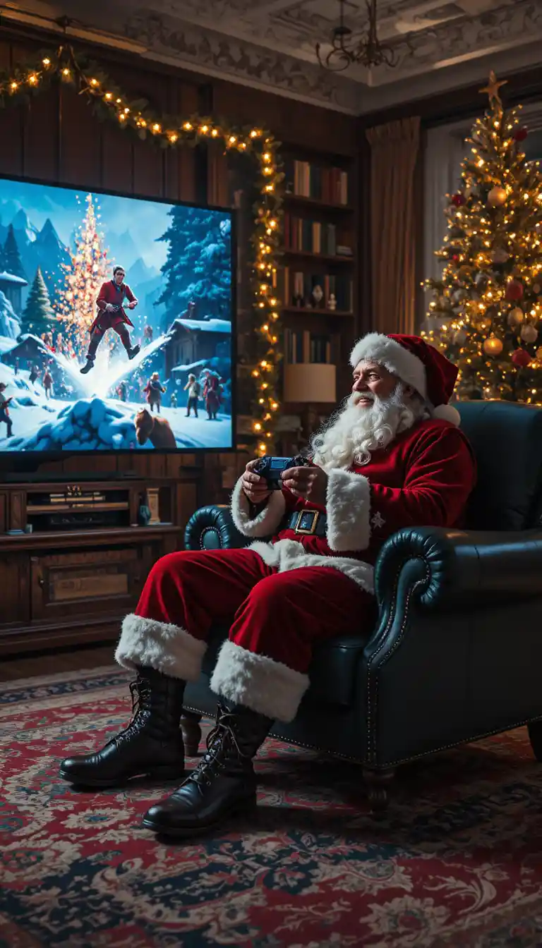 Santa Claus gaming on a console in a festive living room