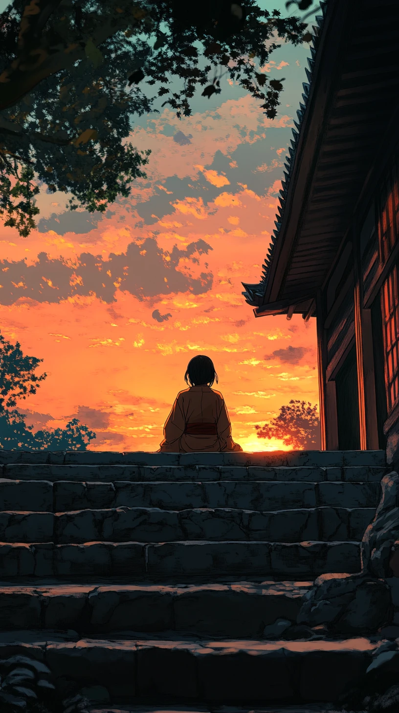 Young woman on stone steps at a Japanese sunset