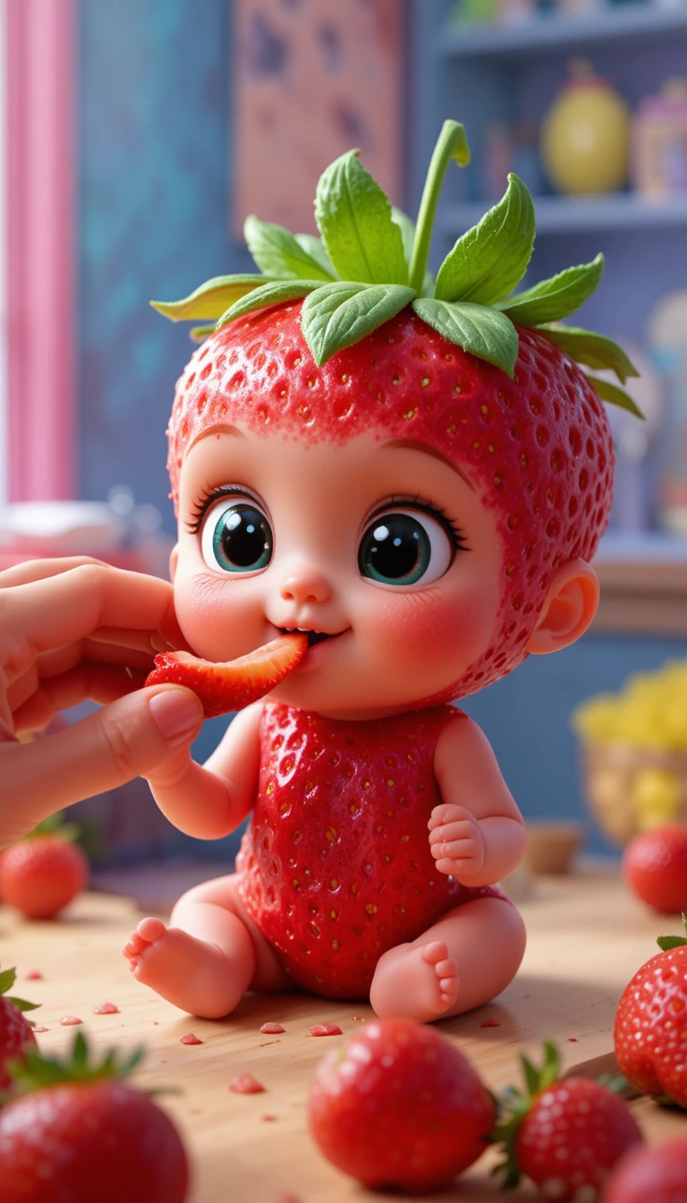 Niedliches Erdbeer-Kopf-Baby wird am Tisch mit Obst gefüttert