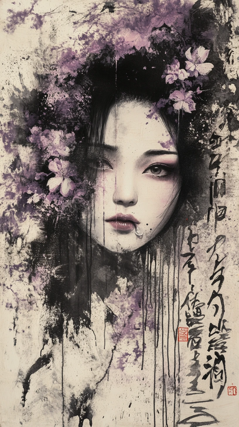 Geisha portrait veiled by cherry blossoms and calligraphy