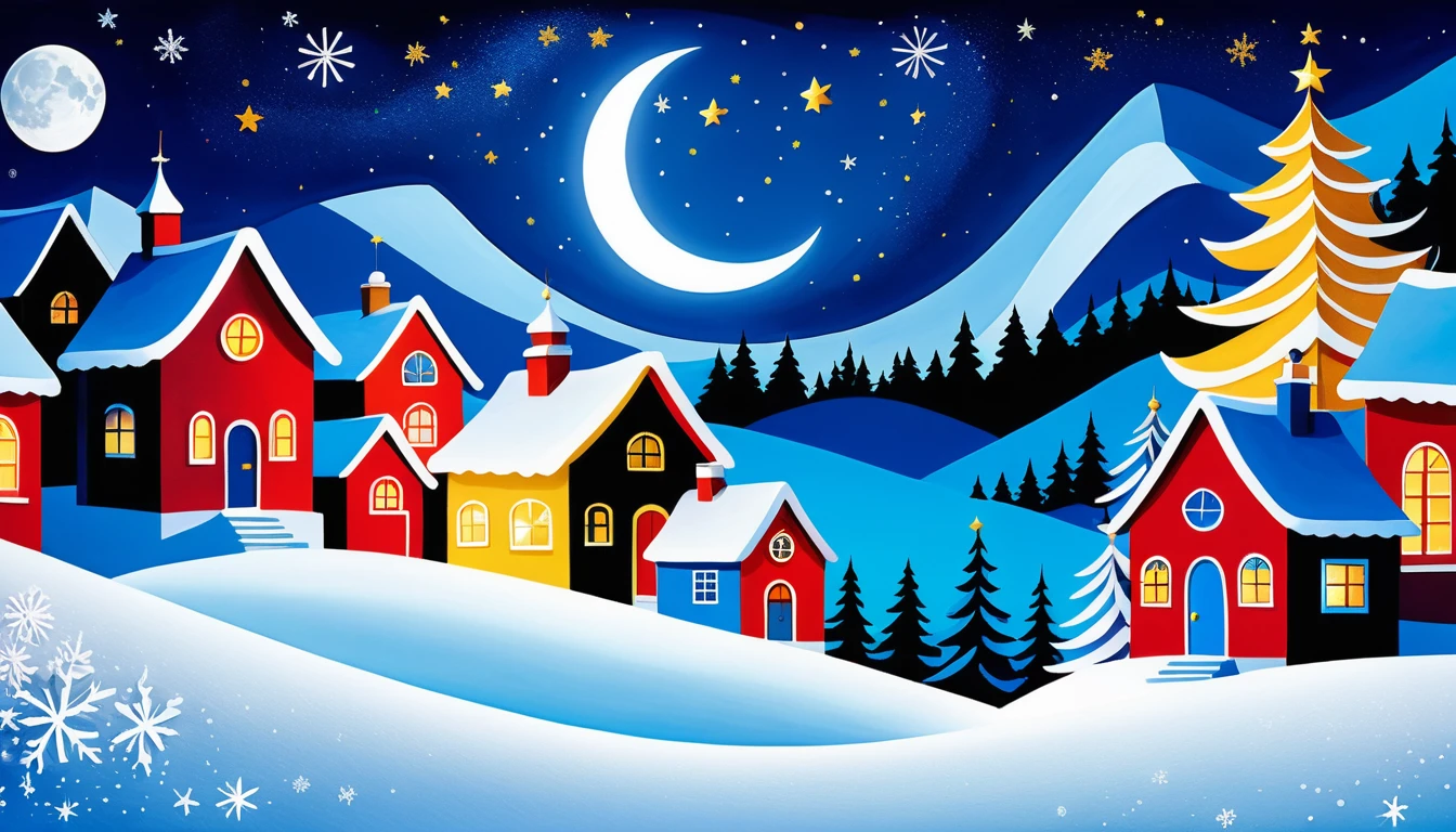 Vila de inverno mágica com árvore de Natal central à noite