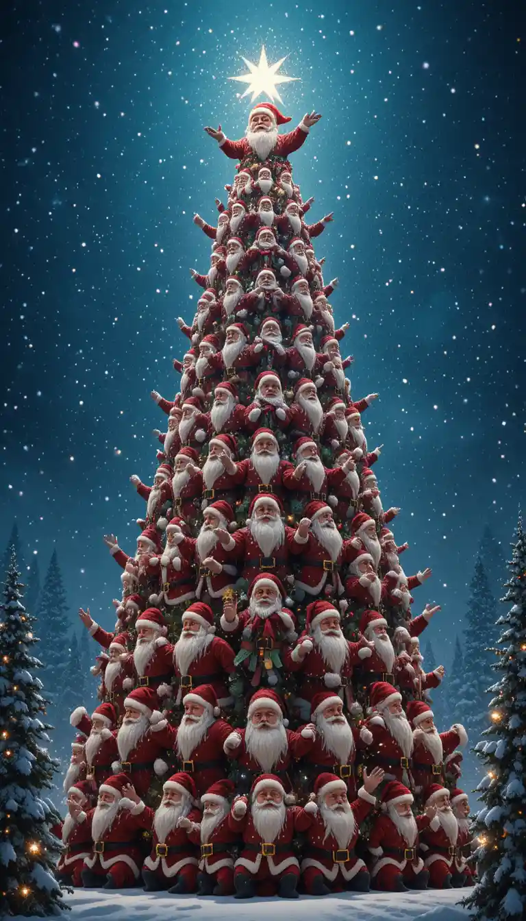 Überragender Weihnachtsbaum aus verspielten Weihnachtsmännern