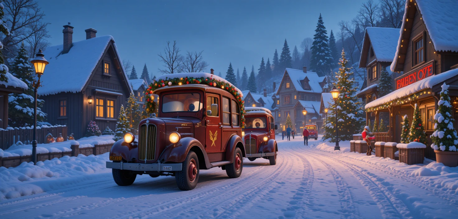 Weihnachts-Blockautorennen durch ein gemütliches Winterdorf