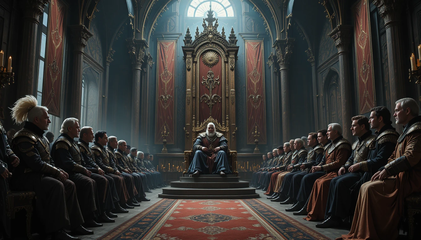 Medieval nobles in a grand throne room with court bards