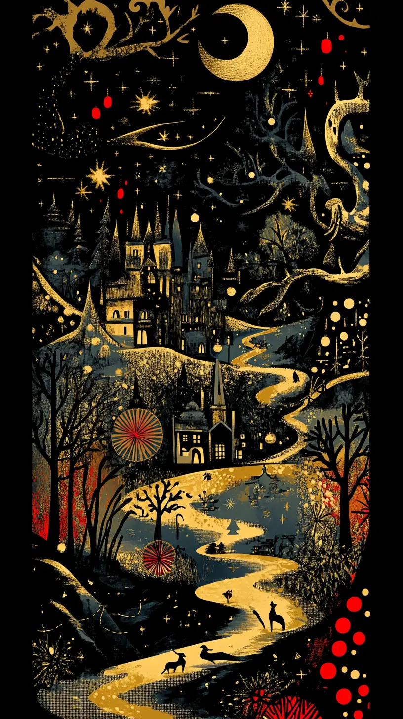 Silhouettes de Noël festives sur un fond graphique au nombre d’or
