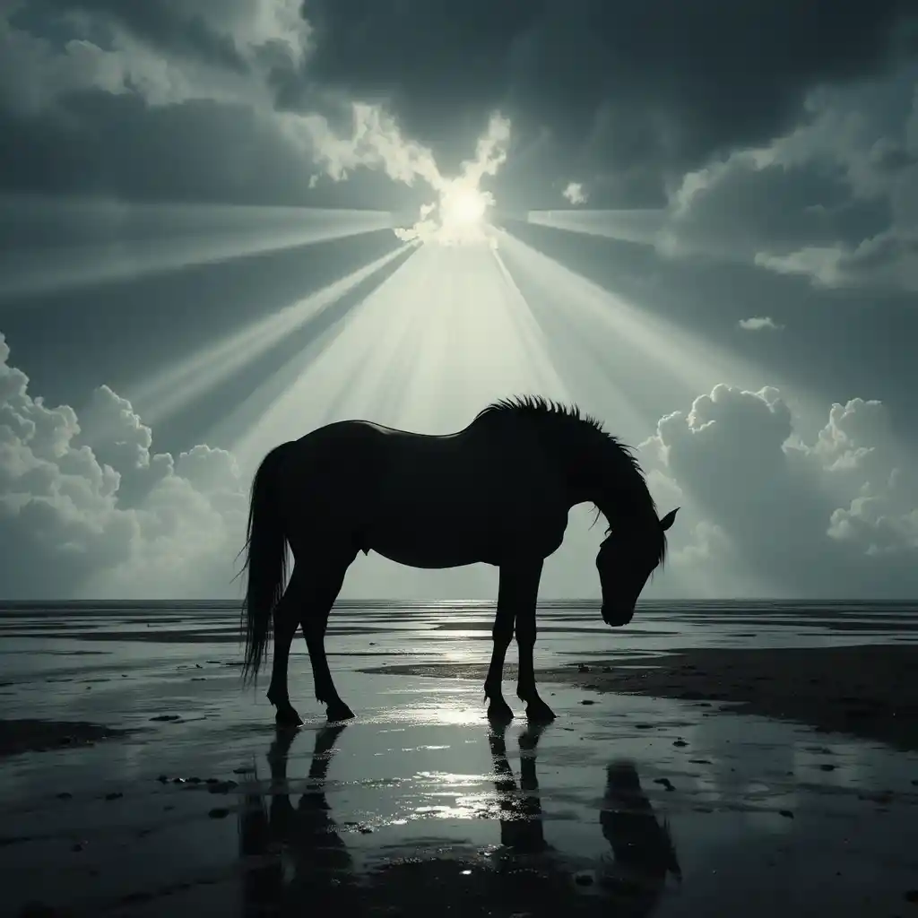 Silhouettiertes Pferd auf nassem Strand im Licht eines strahlenden Himmels