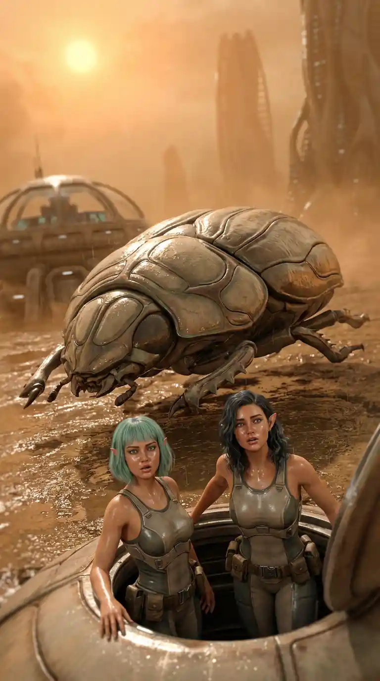Elf space explorers exit a futuristic hover armored carrier