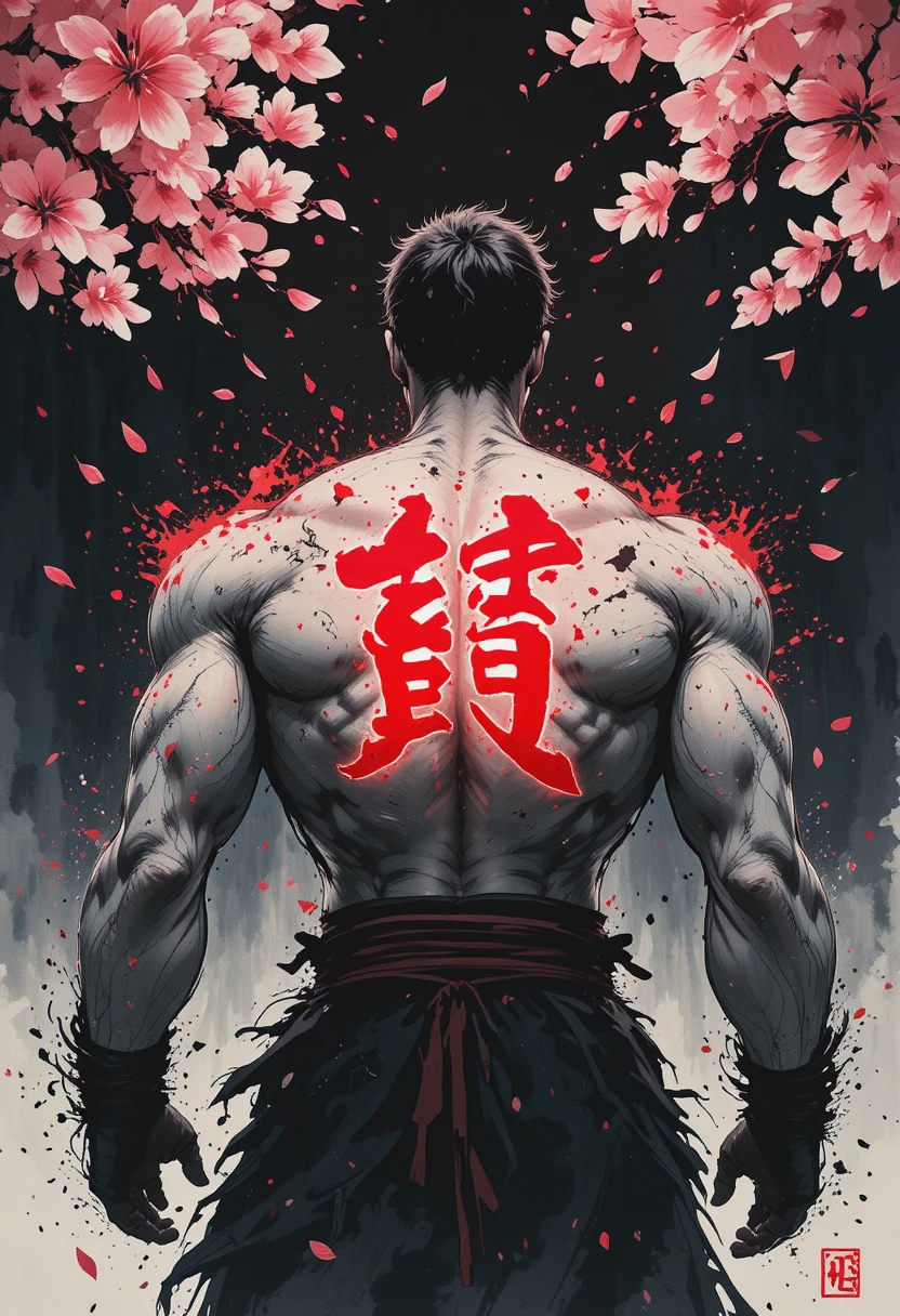 發光漢字與花瓣相伴的水墨武者