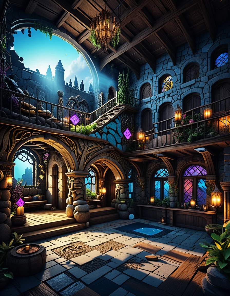Viking stone great hall in warm golden interior light