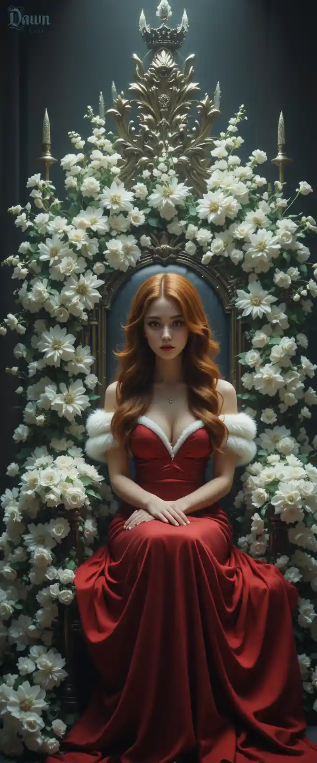 Regal woman in red gown seated on floral throne