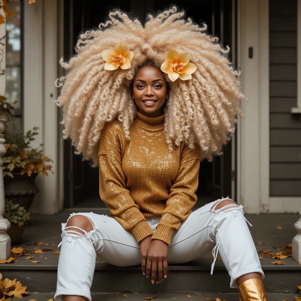 Happy woman with afro curls sitting on a fall porch