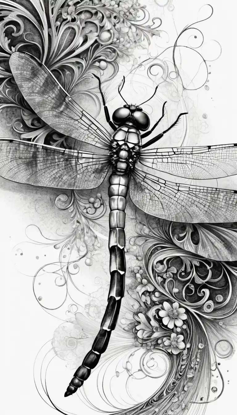 Intricate ink dragonfly emerging from swirling abstract lines