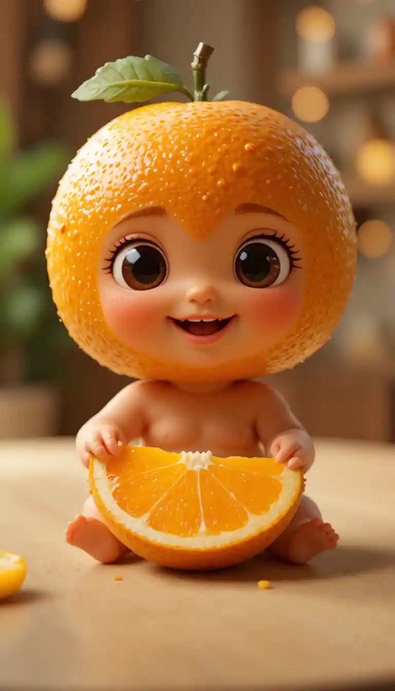 Fofo bebê de cabeça laranja alcançando uma fatia de fruta