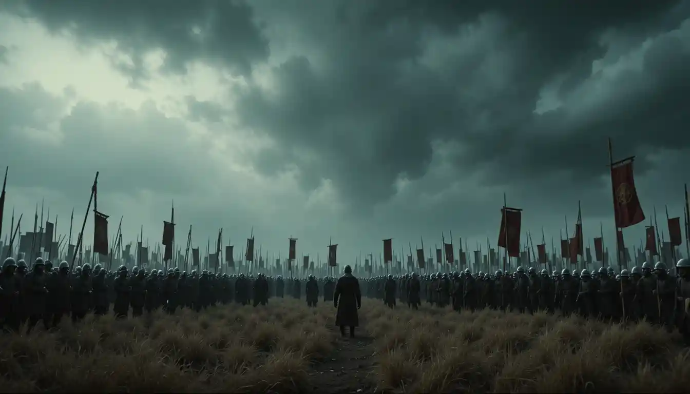 Medieval soldiers waiting on a vast silent battlefield