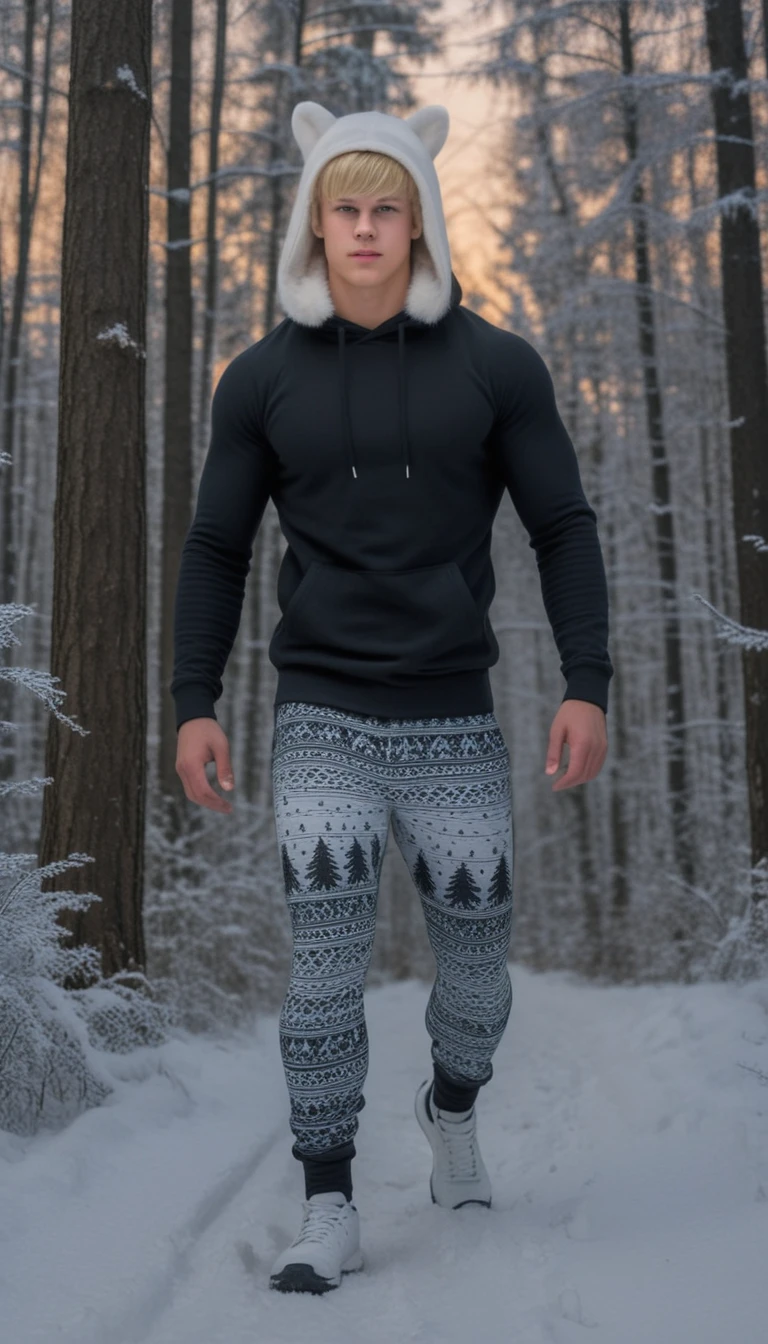 Blond teen in fleece leggings walking in winter forest